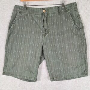 Plugg Mens Olive Green Ikat Stripe Cotton Chino Shorts Size 36 Flat Front Casual